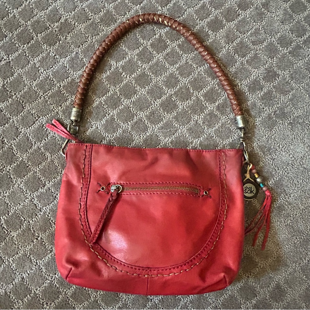The Sak Indio Leather Shoulder Bag‎ Red Braided Handle Boho Charm